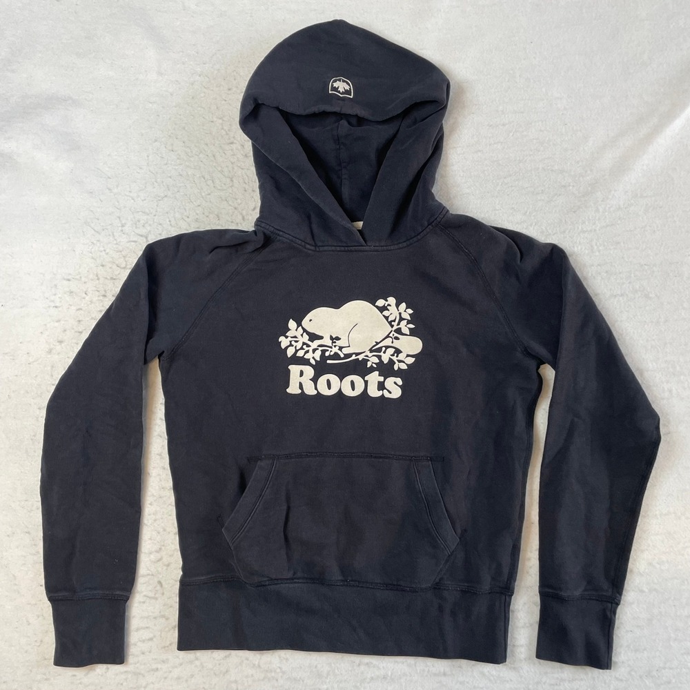 Roots Hoodie Womens Large Black Beaver Logo Raglan Long Sleeve Pullover